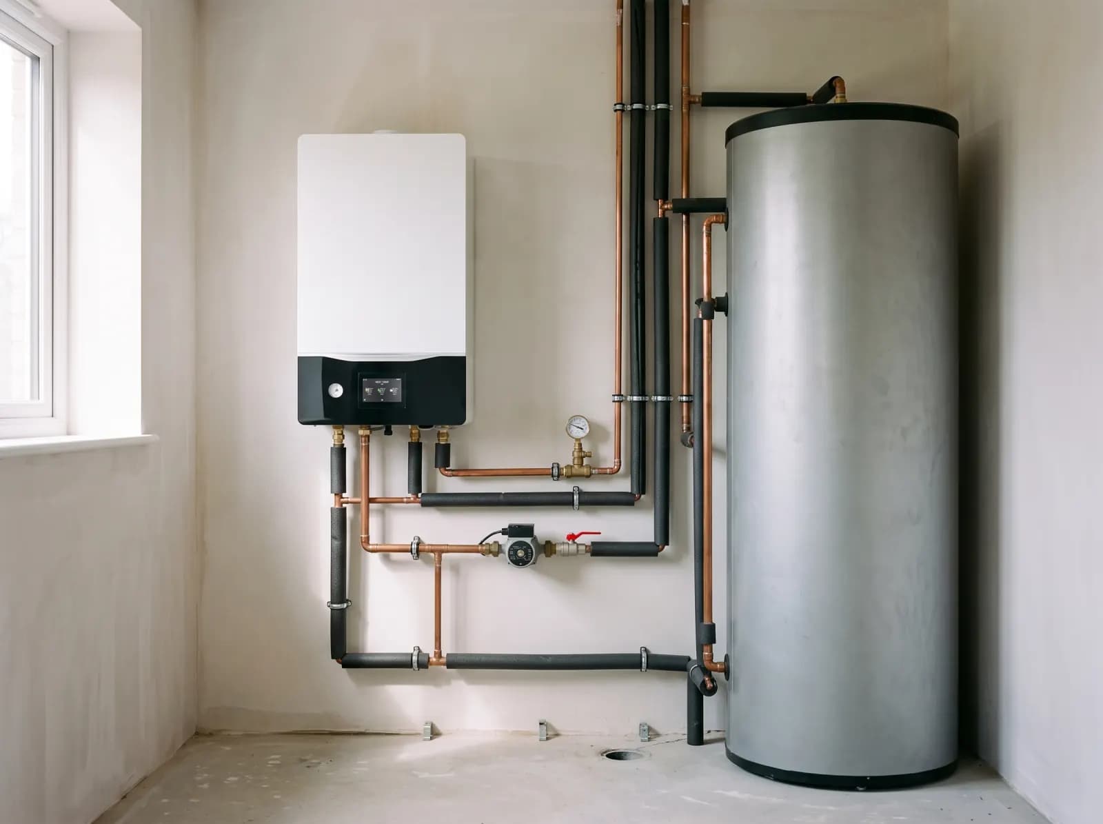 Wandhydrobox naast een bestaand warmwatervat in een bijkeuken