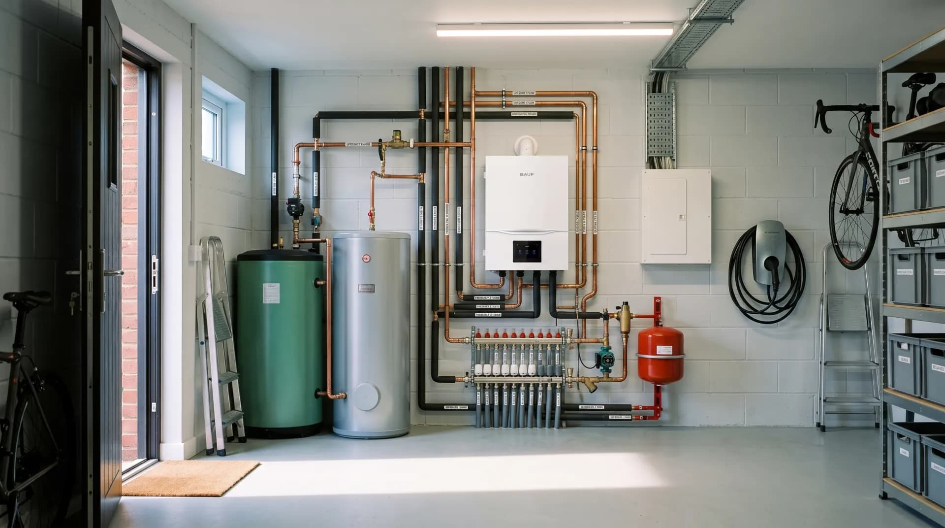 Technische ruimte met warmtepomp, buffervat, boilervat, verdeler, inlaatcombinatie en elektrische aansluitingen