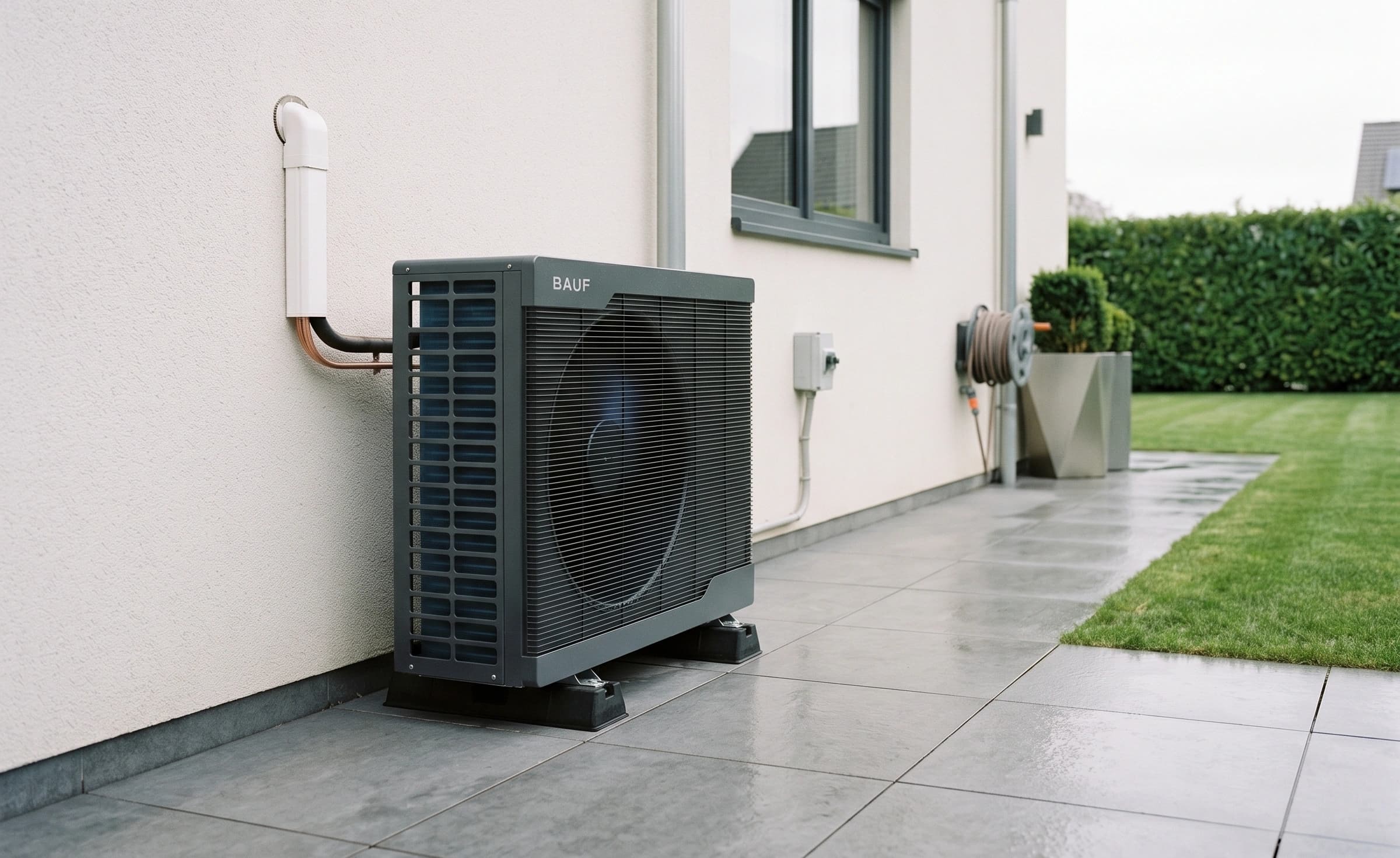 Buitenunit met compressor van de Sauer split-warmtepomp naast een woning
